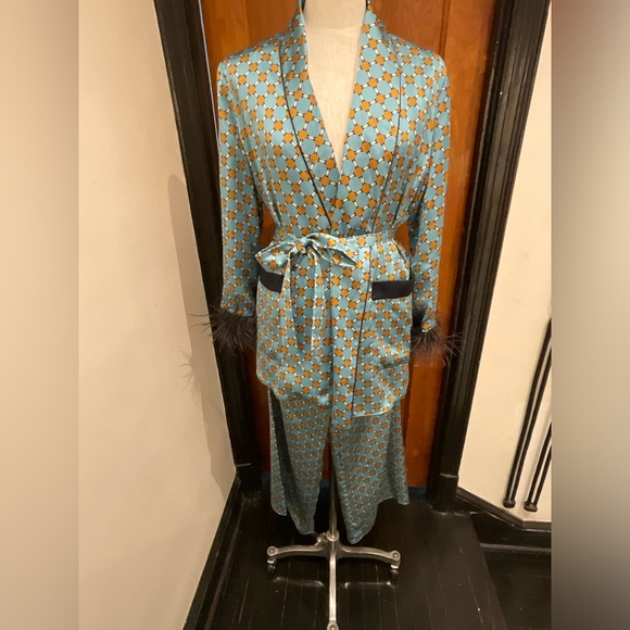 Zara Blue and Gold 2pc Set Sz M Feather Kimono Smoking...